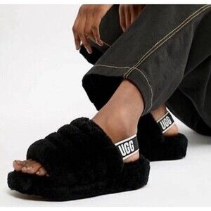 UGG Fluff Yeah Slide On Slippers Black Sherpa Slingback Plush Women’s Size 11